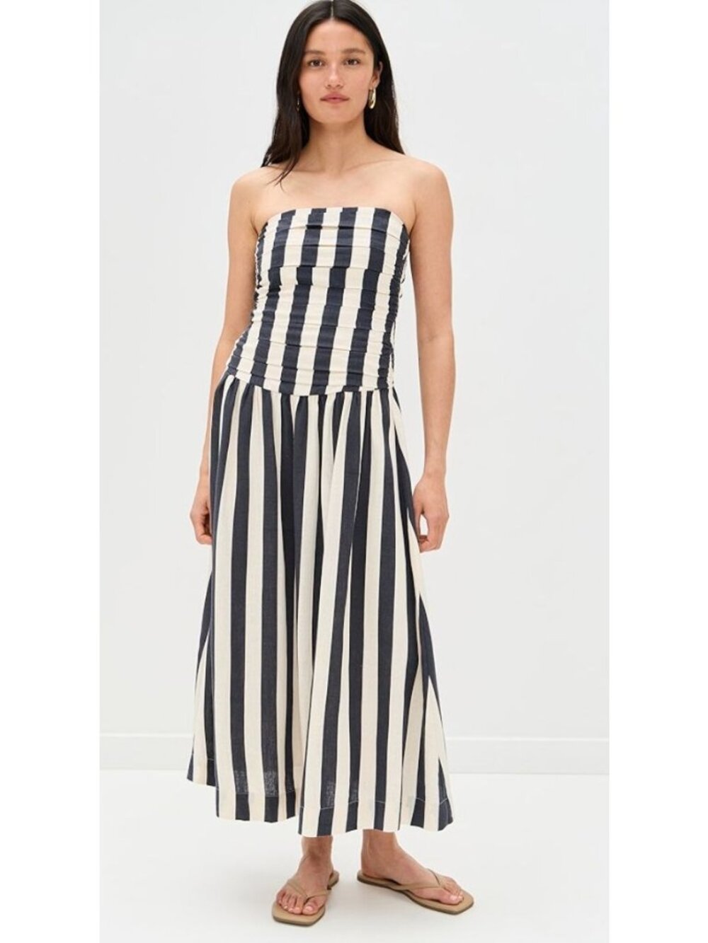 Moon River Brown & White Striped Strapless Tube Top Midi Dress Smocked Back Size - Picture 2 of 10